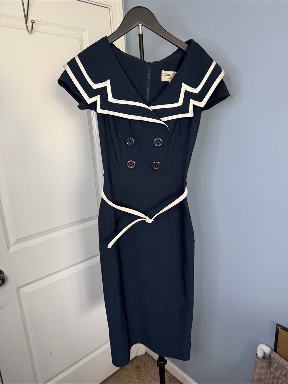 Bettie Page Navy Midi Sailor Dress with White Trim